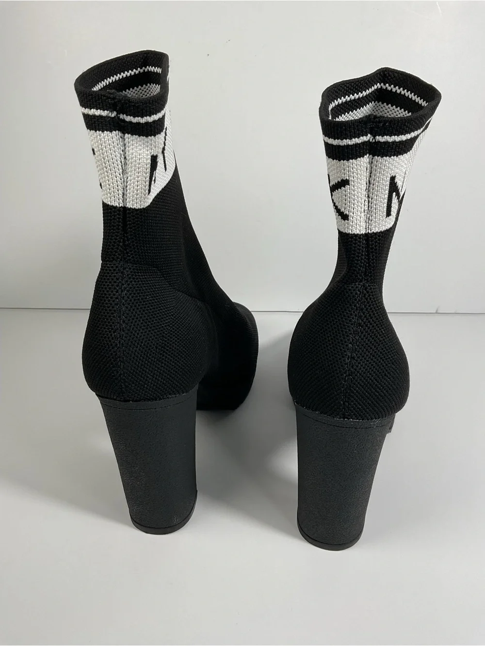 DKNY Black Knit Logo Sock Ankle Bootie Slip On Stretch Block Heel US 9.5 - Picture 6 of 8